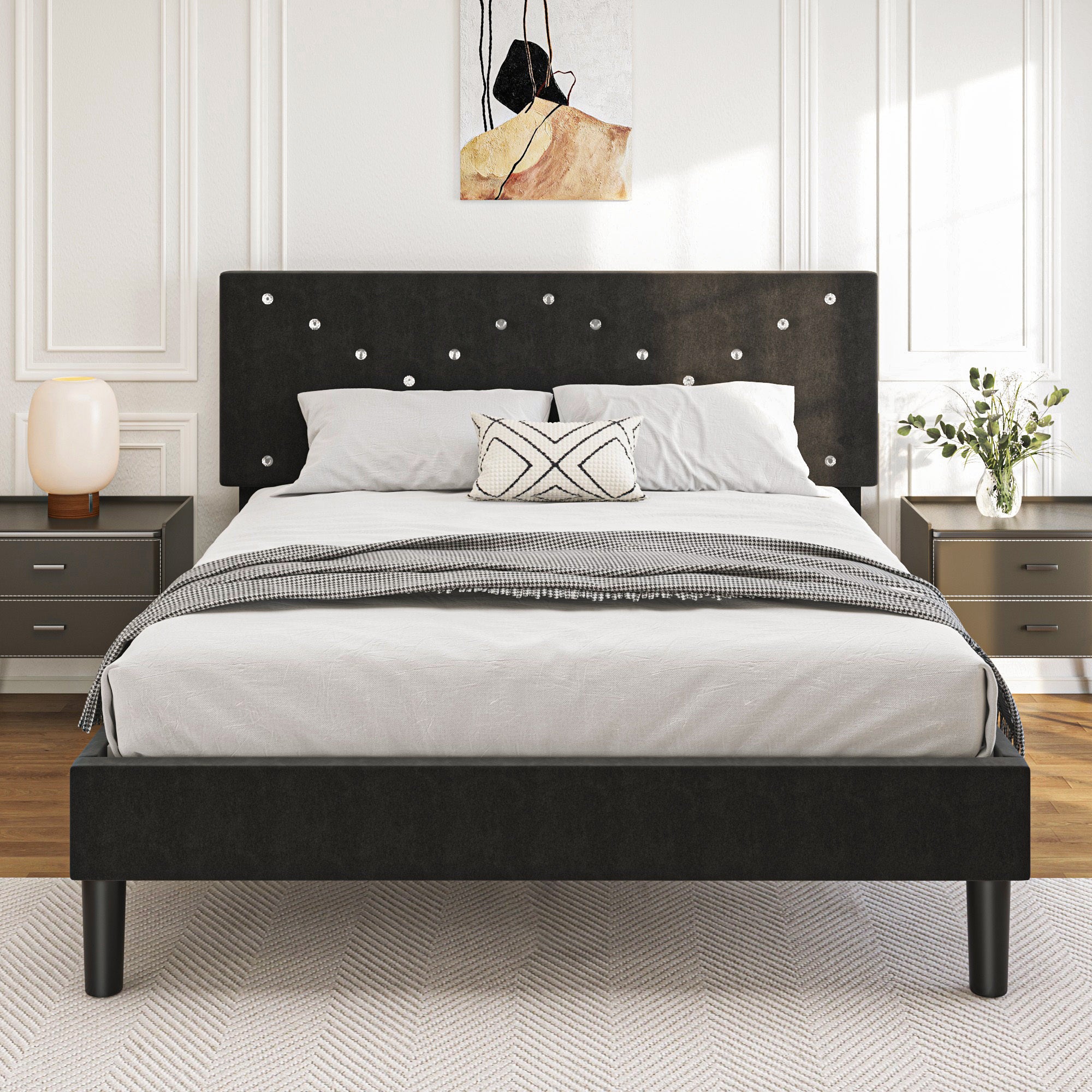 Modern Platform Bed Frame With Upholstered Headboard & Wooden Slats - No Box Spring Needed, Easy Assembly, Black