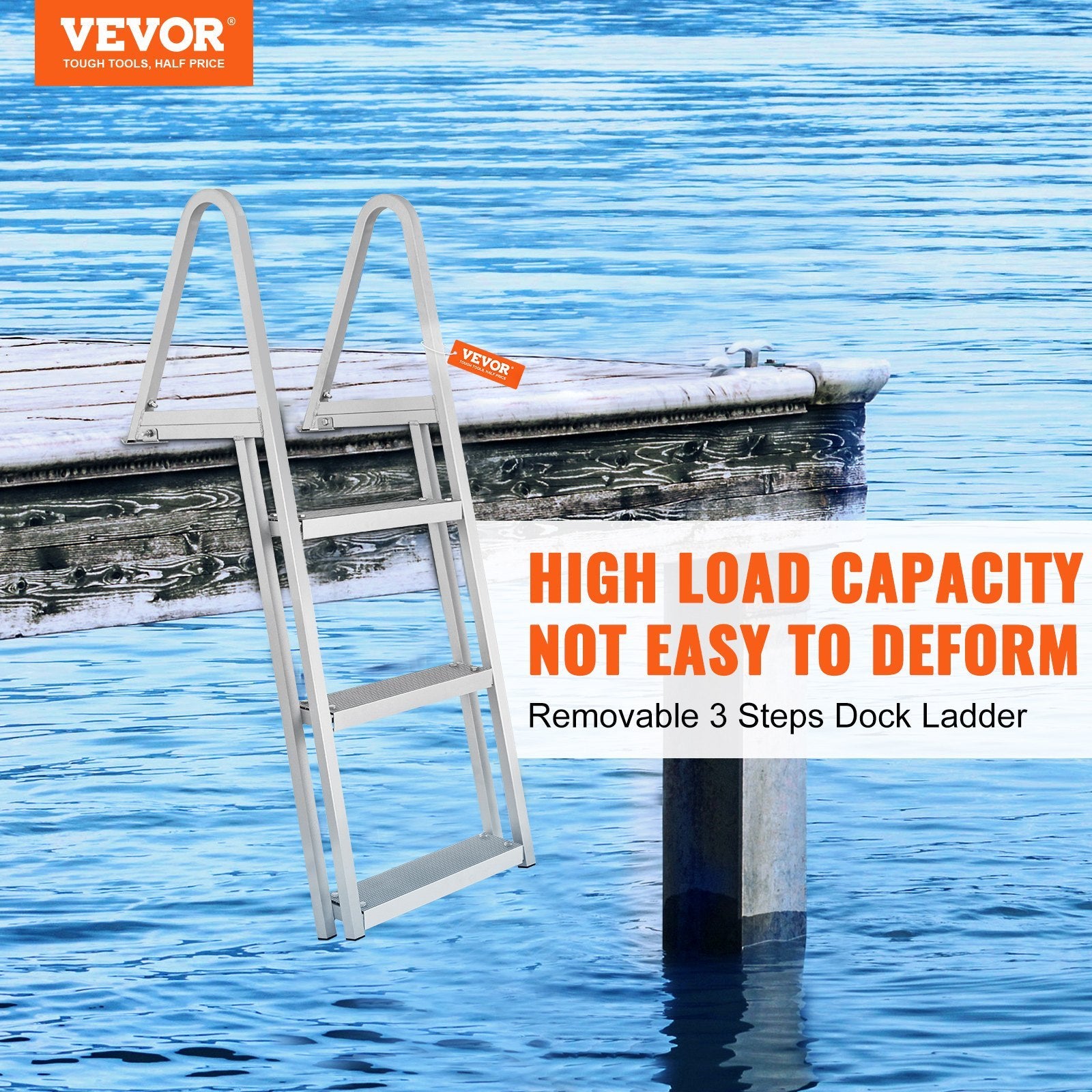 VEVOR Dock Ladder, Removable 3 Steps, 350 Lbs Load Capacity, Aluminum Alloy Pontoon Boat Ladder With 4 Wide Step & Nonslip Rubber Mat, Easy To Install For Ship Lake Pool Marine Boarding
