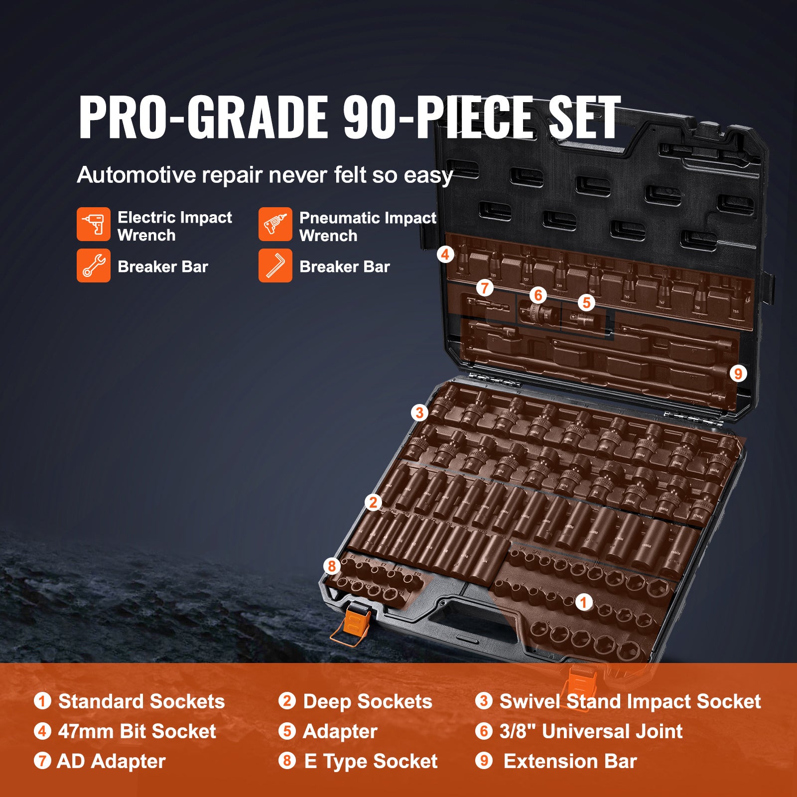 VEVOR Drive Impact Socket Set 6-Point Cr-Mo Alloy Steel (90-Piece)