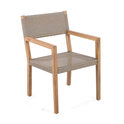 Outdoor Dining Chairs Set of 2 — Light Teak Acacia Frame & Multi Light Brown PE Wicker