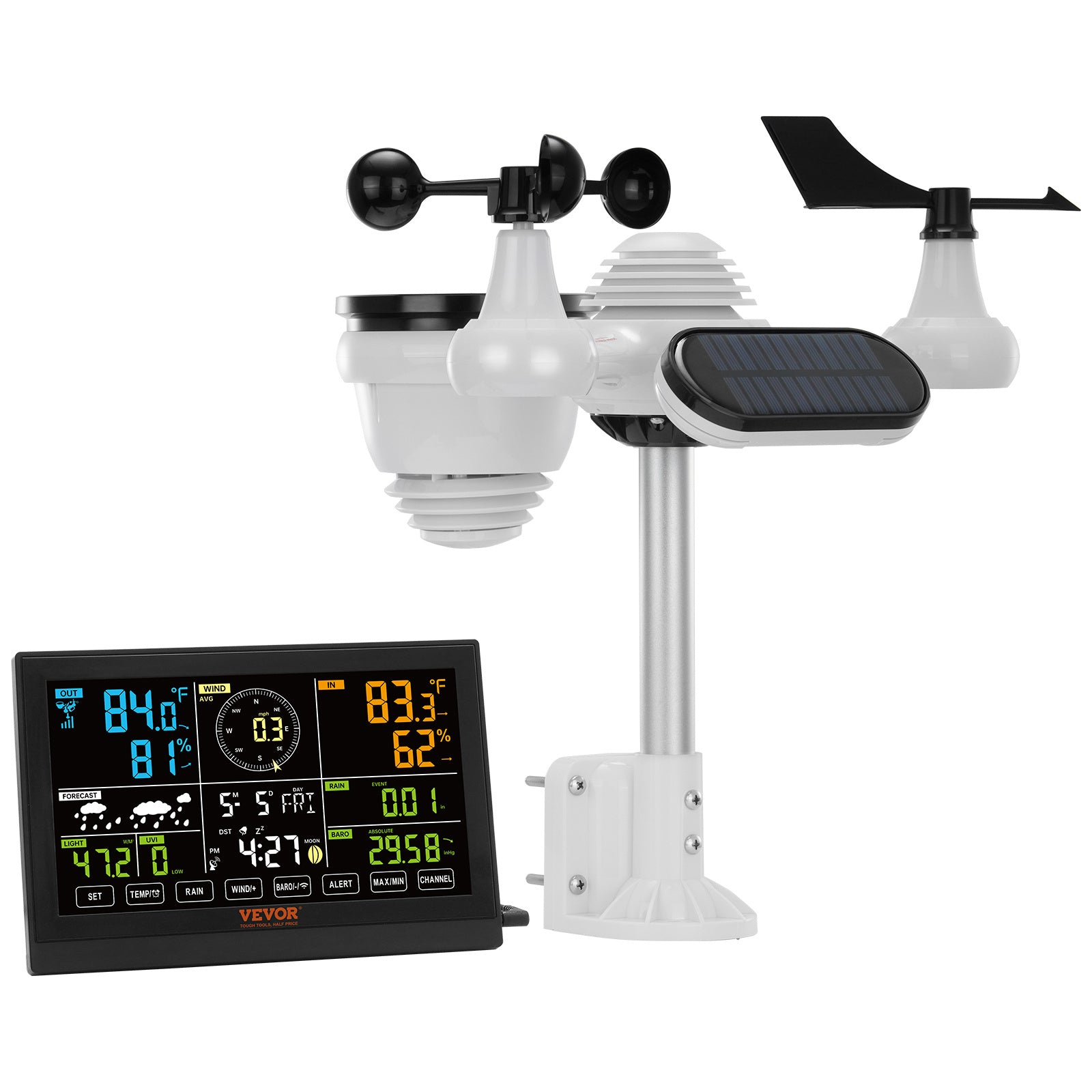 VEVOR 7-in-1 Wireless Weather Station, 7.5" Large Color Display — Indoor/Outdoor