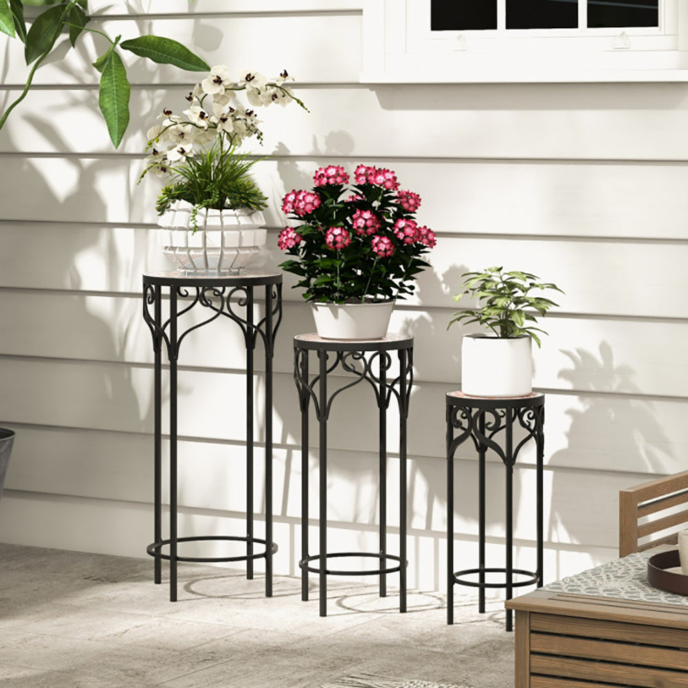 Coocosh Plant Stands with Decorative Iron Frame, Black, Elegant Design, Ideal for Indoor or Outdoor Spaces, Varying Heights for Plant Display.