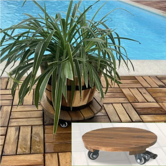 Coocosh 12-inch round plant cart, crafted from natural wood with sturdy wheels, ideal for enhancing your home studio or garden decor.