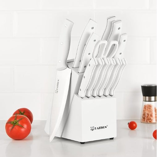 dbjjj 15-Piece White Kitchen Knife Set With Built-in Sharpening Stone, Ergonomic Triple-Rivet Handles