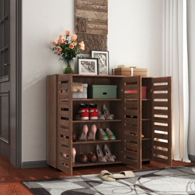Shoe Cabinet, 5-Tier Wooden Shoe Storage Cabinet with Adjustable Shelves - Walnut