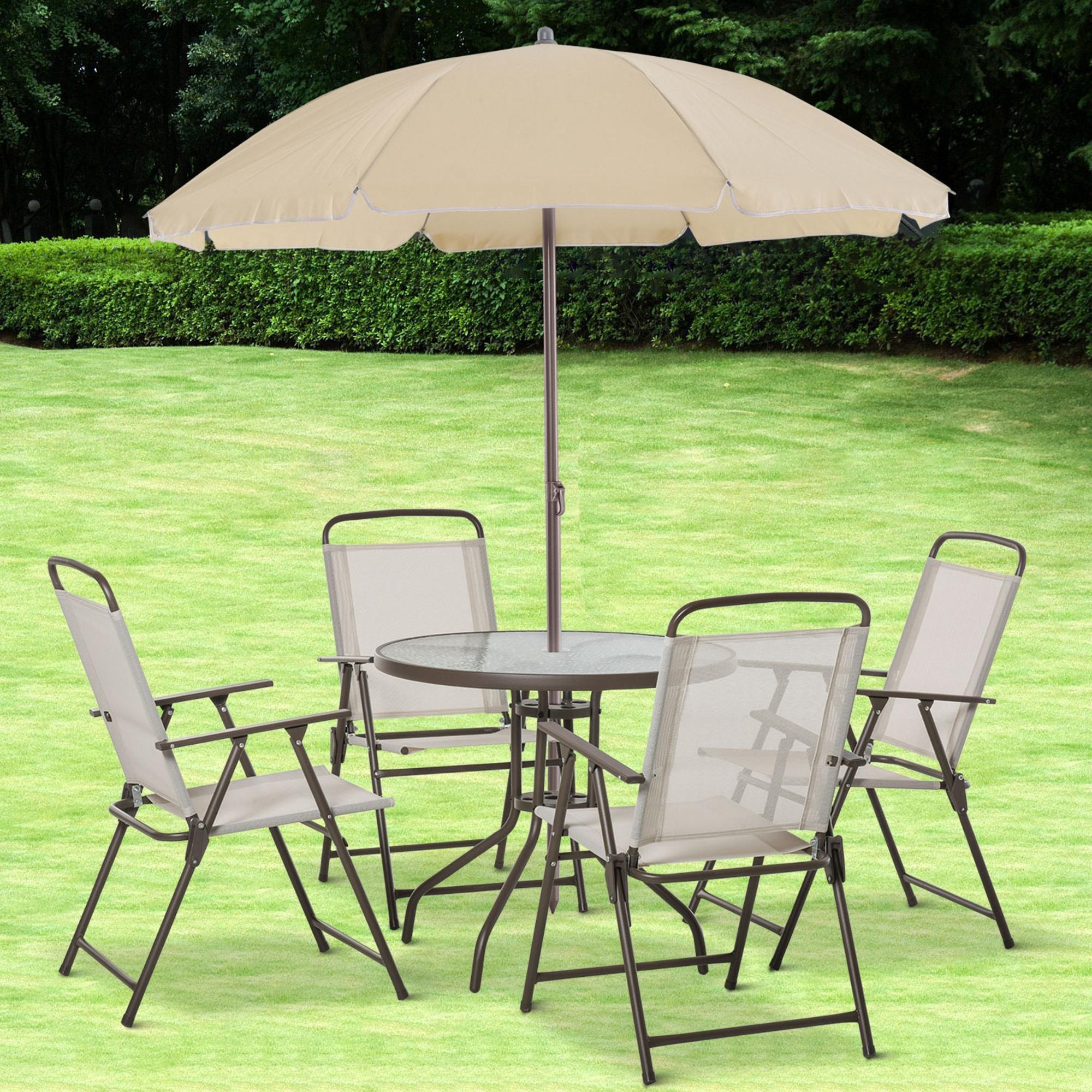 Coocosh Outdoor Dining Set features a spacious round table with a glass top, complemented by five folding chairs with durable mesh fabric. The beige umbrella provides ample shade, ideal for enjoying meals in the garden. Set includes a stylish modern desig