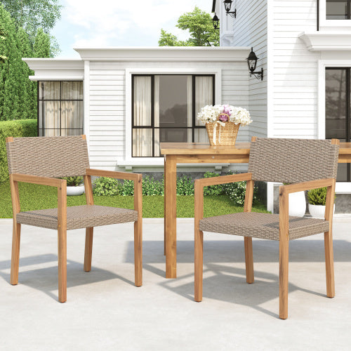 Outdoor Dining Chairs Set of 2 — Light Teak Acacia Frame & Multi Light Brown PE Wicker