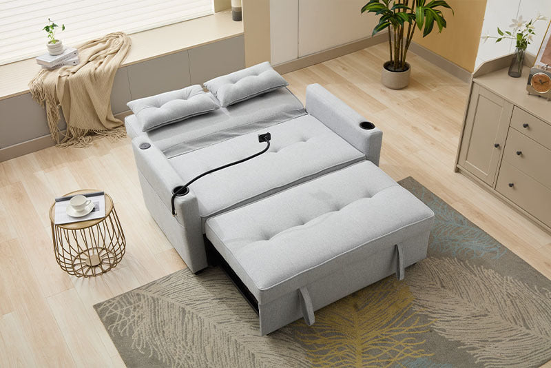 Futon Chair Bed Convertible 3-in-1 Pull-Out Sleeper with USB Ports, Wear-Resistant Leather Armchair Bed for Living Room