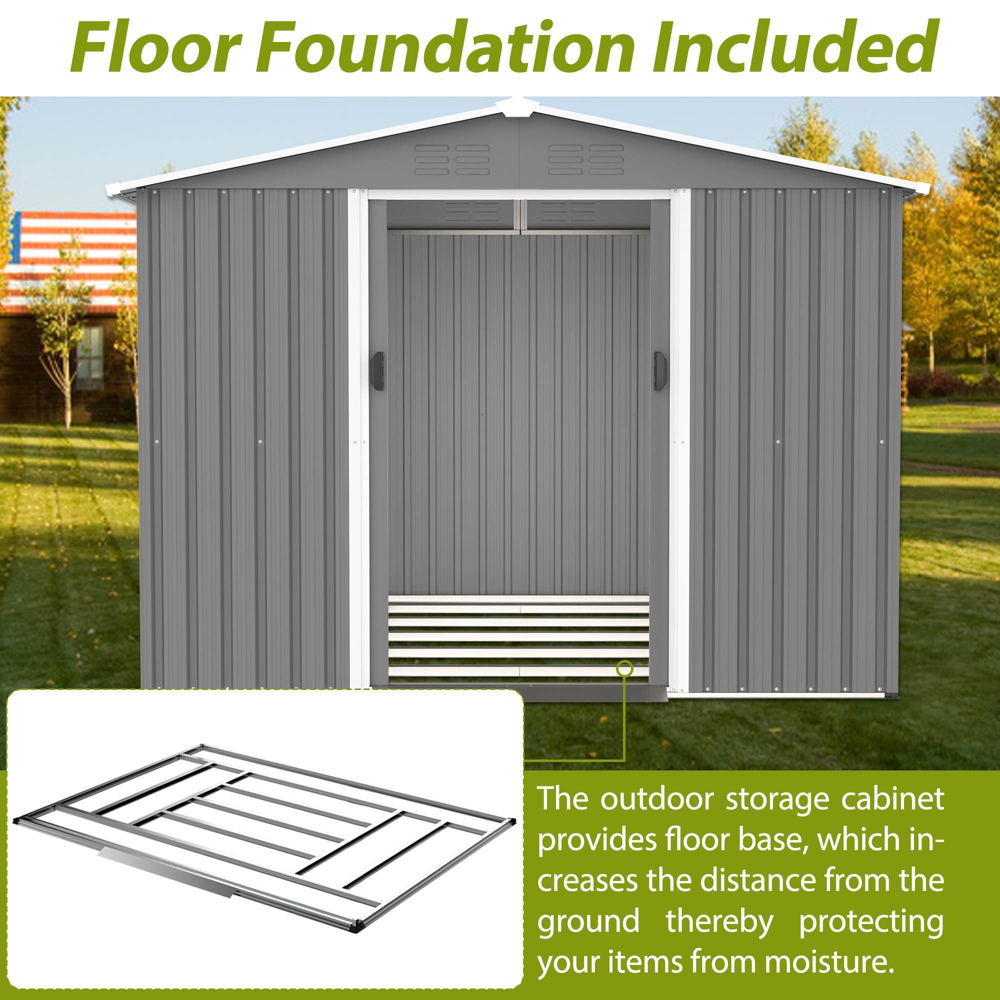 8x6 FT Outdoor Tool Storage Shed With Metal Foundation & Lockable Sliding Doors, Gray