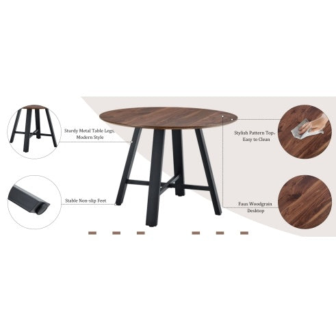 Modern Minimalist Round Dining Table And Coffee Table. 42 Inch Diameter MDF Table Top, Deep Wood Grain Table Top, Black Metal Legs, Fits Home & Office F-1172