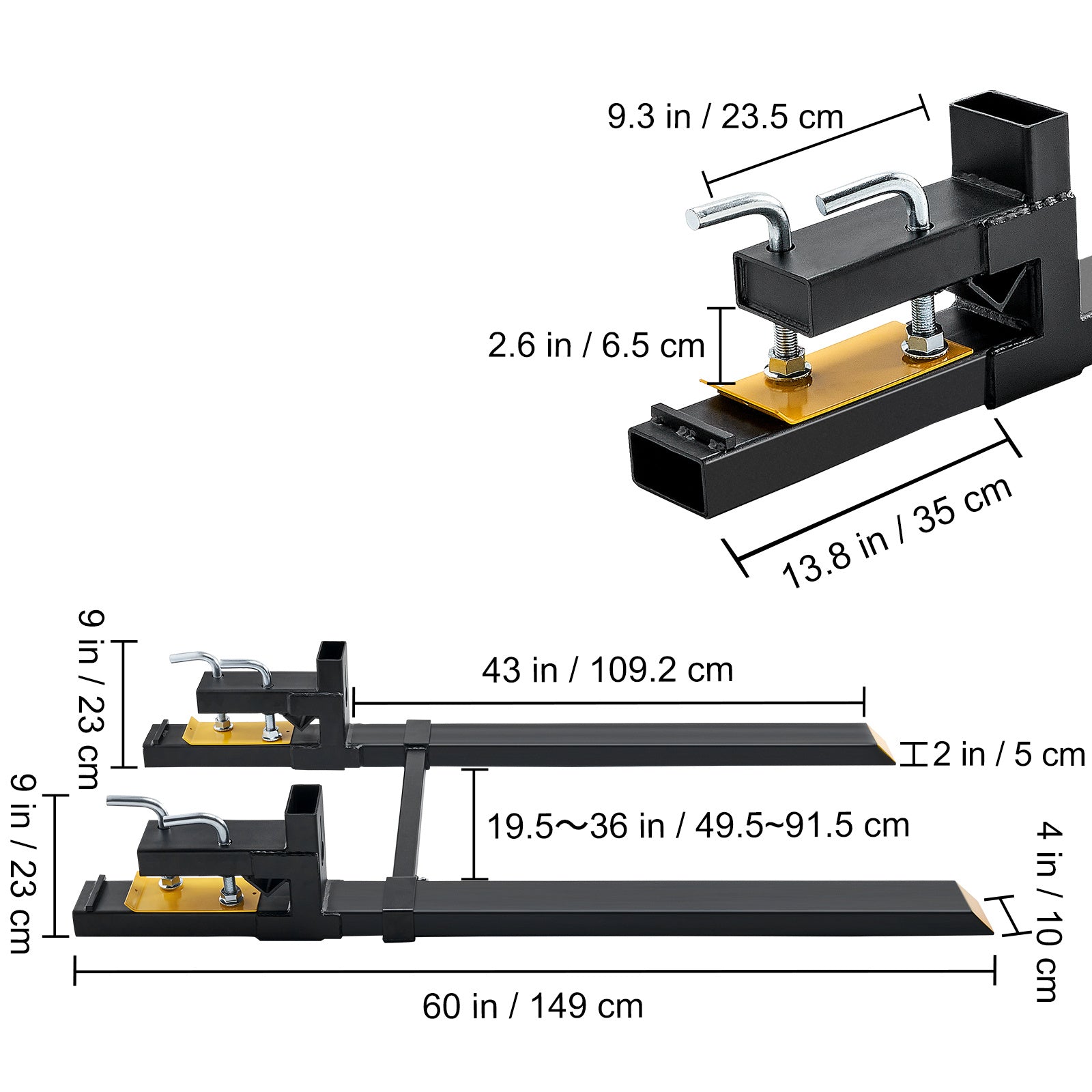 VEVOR 60" Clamp-On Pallet Forks — 4,000 lb Capacity, Adjustable Stabilizer