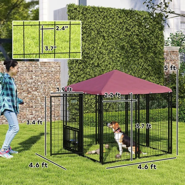 Welded Wire Outdoor Dog Kennel With 360 Rotating & 4 Levels Adjustable Bowls, Waterproof Cover