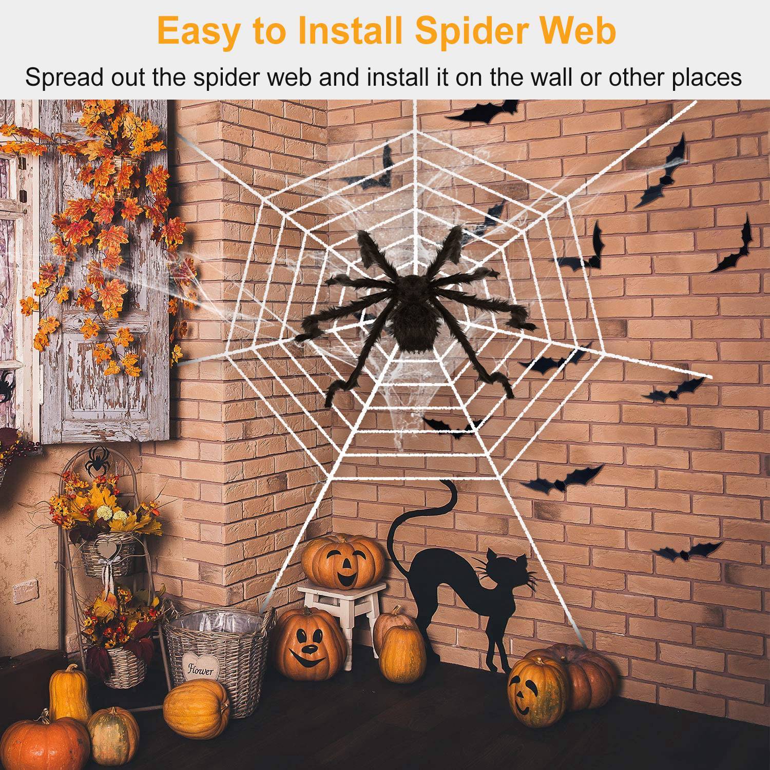 1Pc Halloween Decorations Spider Outdoor 49in with 126in Stretch Spider Web