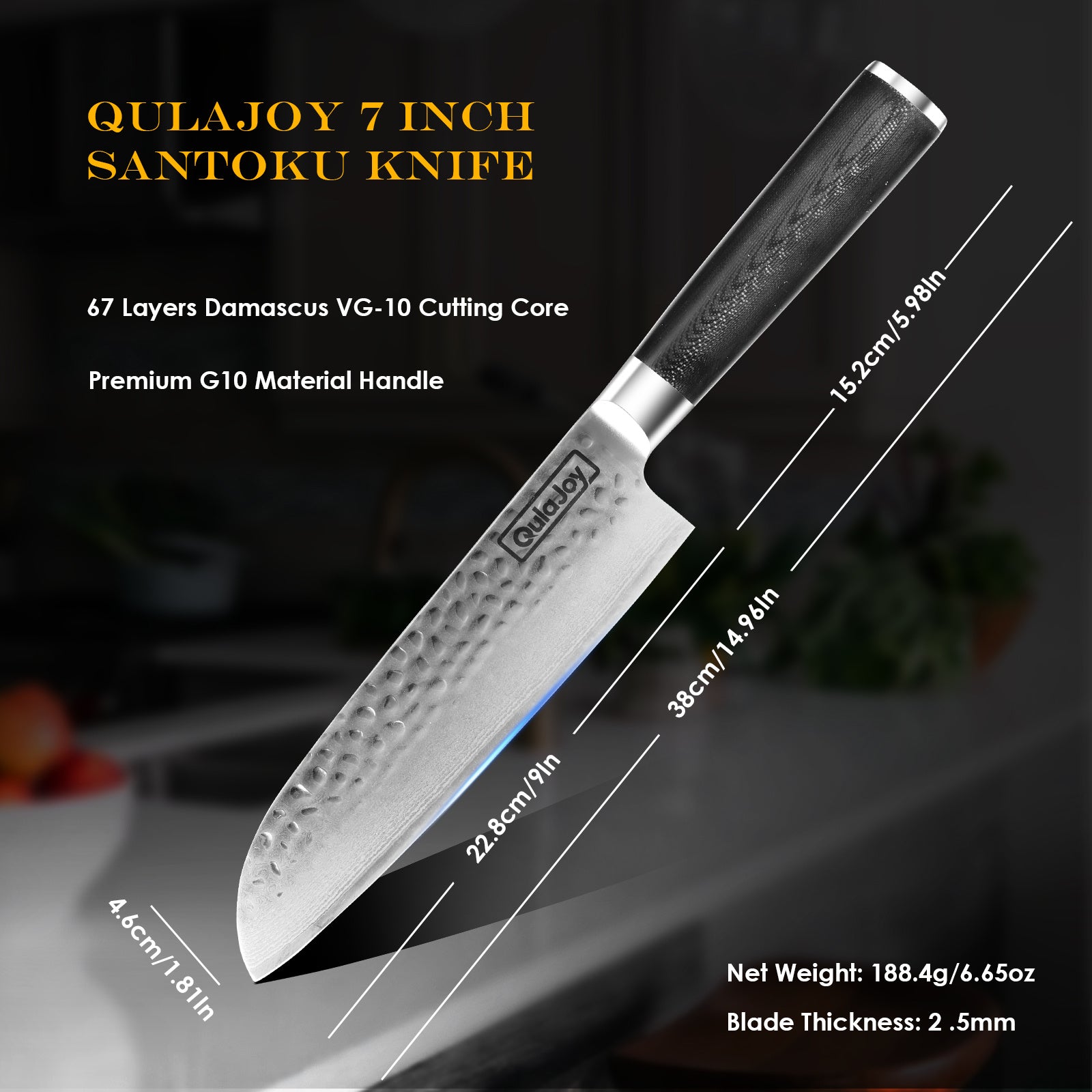 Qulajoy 7 Inch Santoku Knife - Ultra Sharp 67-Layer Damascus VG-10 Core with G10 Handle & Sheath