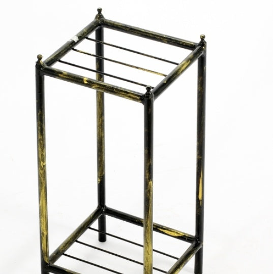17" Gray Stone Slab 2-Tier Small Square Black & Gold Cast Metal Plant Stand