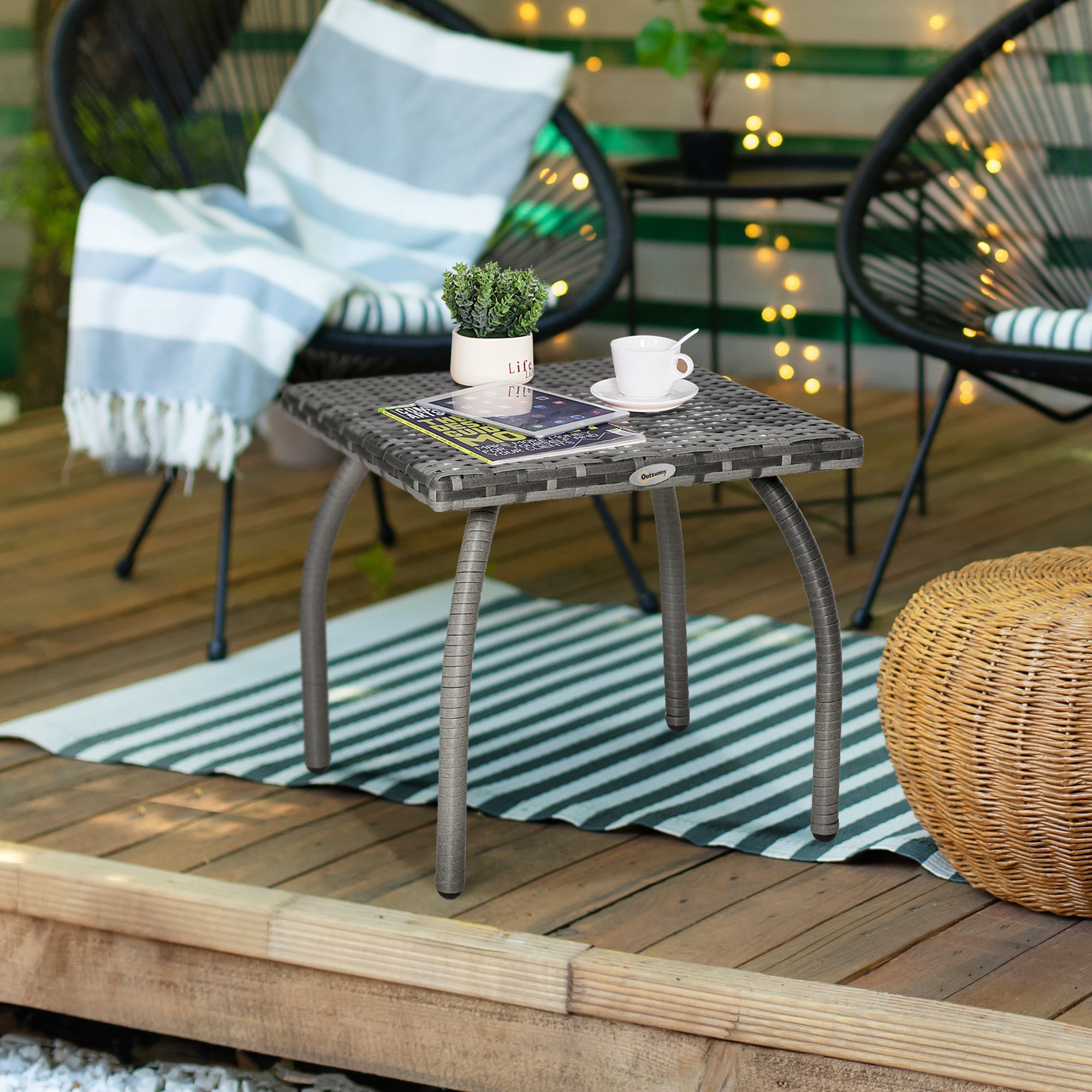 Rattan Wicker End Table All-Weather Side Table For Outdoor Garden Balcony Backyard Gray