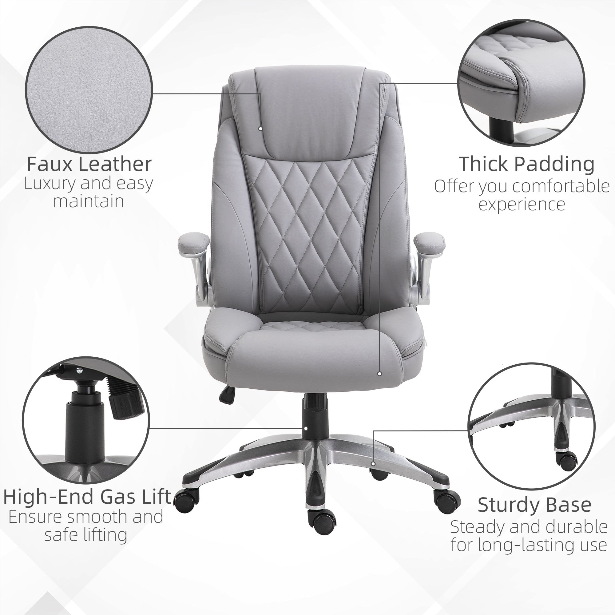 Coocosh Office Chair Faux Leather Executive Chair with Thick Padding in Grey, featuring High-End Gas Lift and Sturdy Base, designed for comfort and durability in a professional workspace.