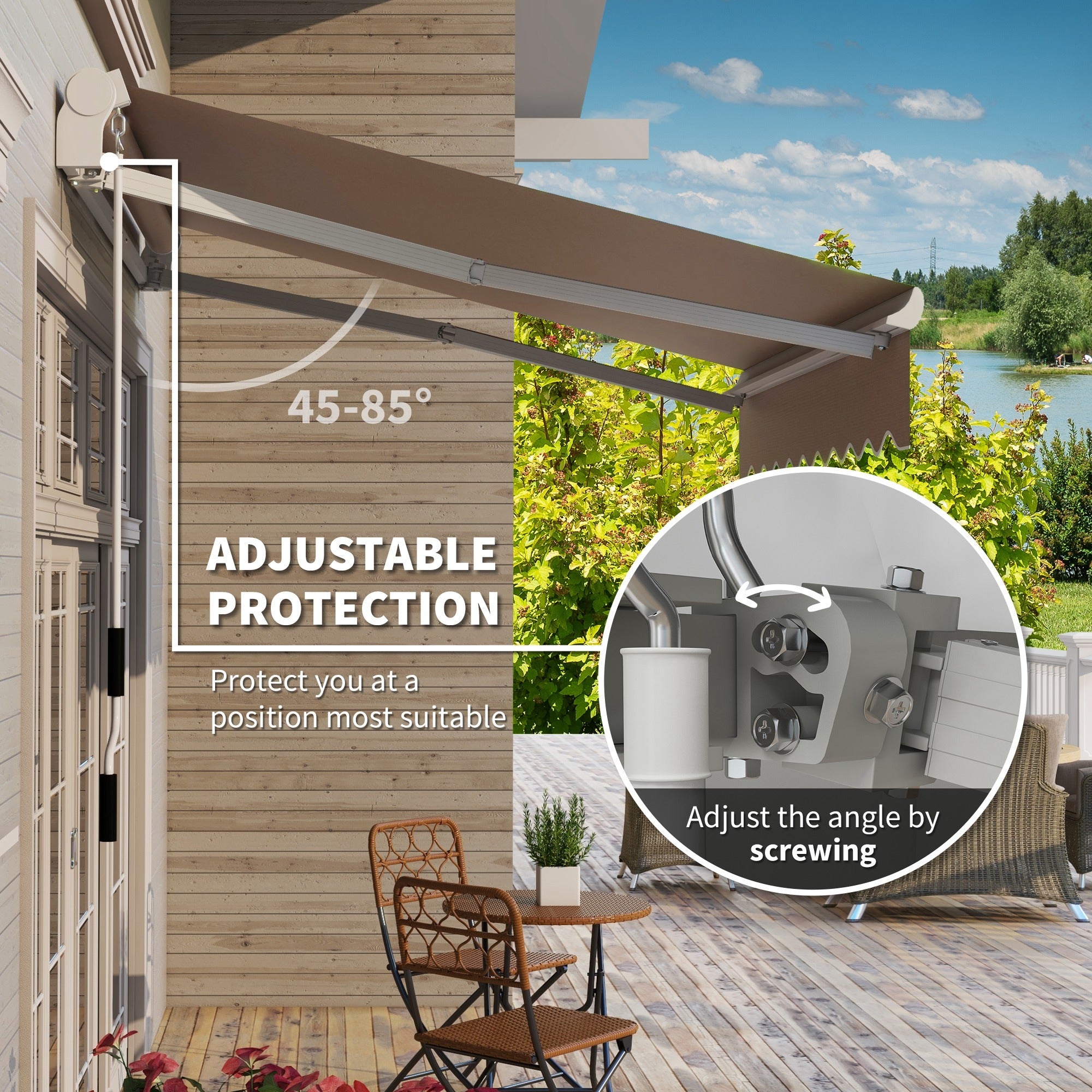 Coocosh patio awning crafted from robust powder-coated aluminum, featuring a practical retractable design in a rich brown shade, perfect for enhancing your outdoor deck area.
