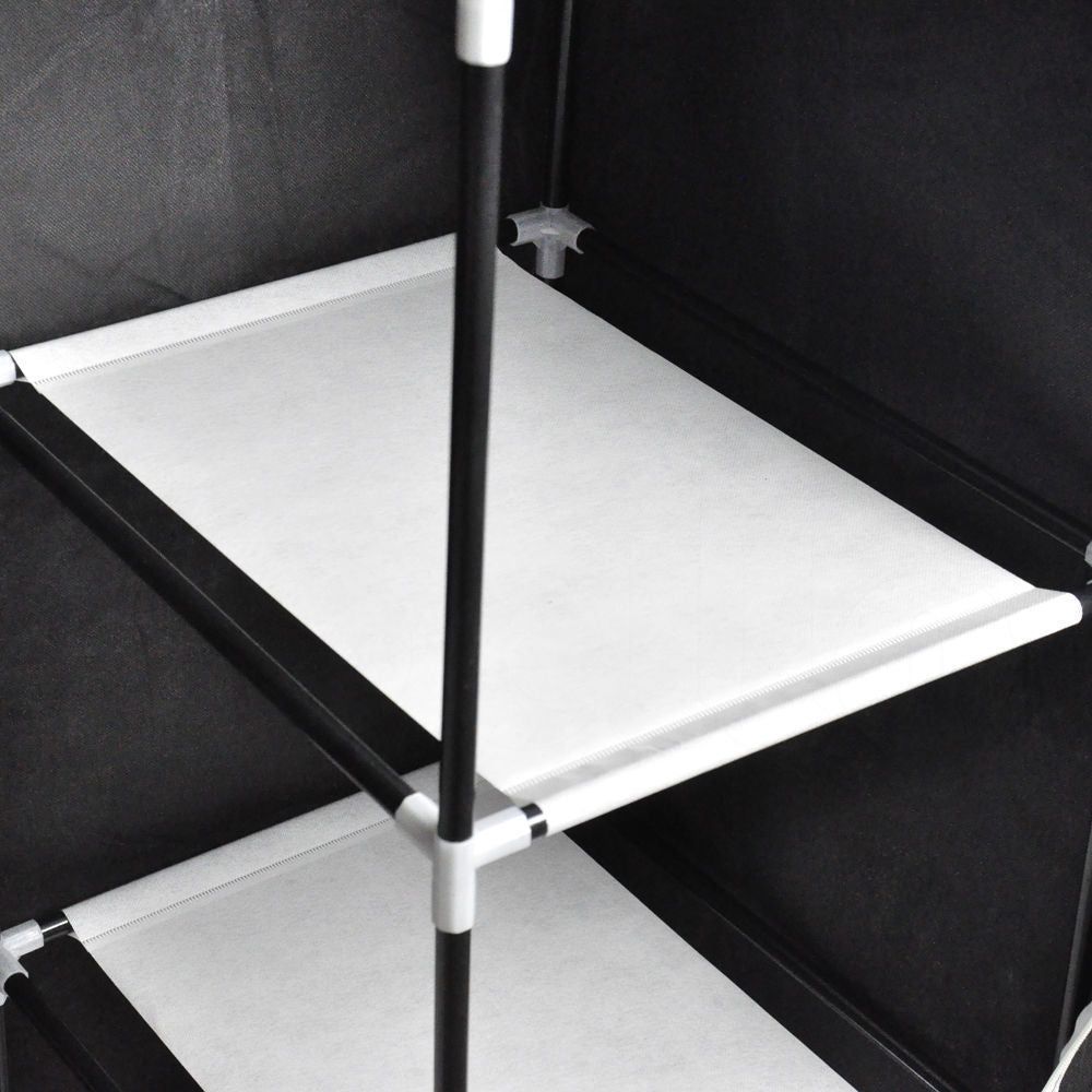 Coocosh Storage Shelf with white PE Netting surfaces, featuring sturdy black fiberglass poles, organized in a close-up view for enhanced visibility of its design and materials, suitable for various storage needs.