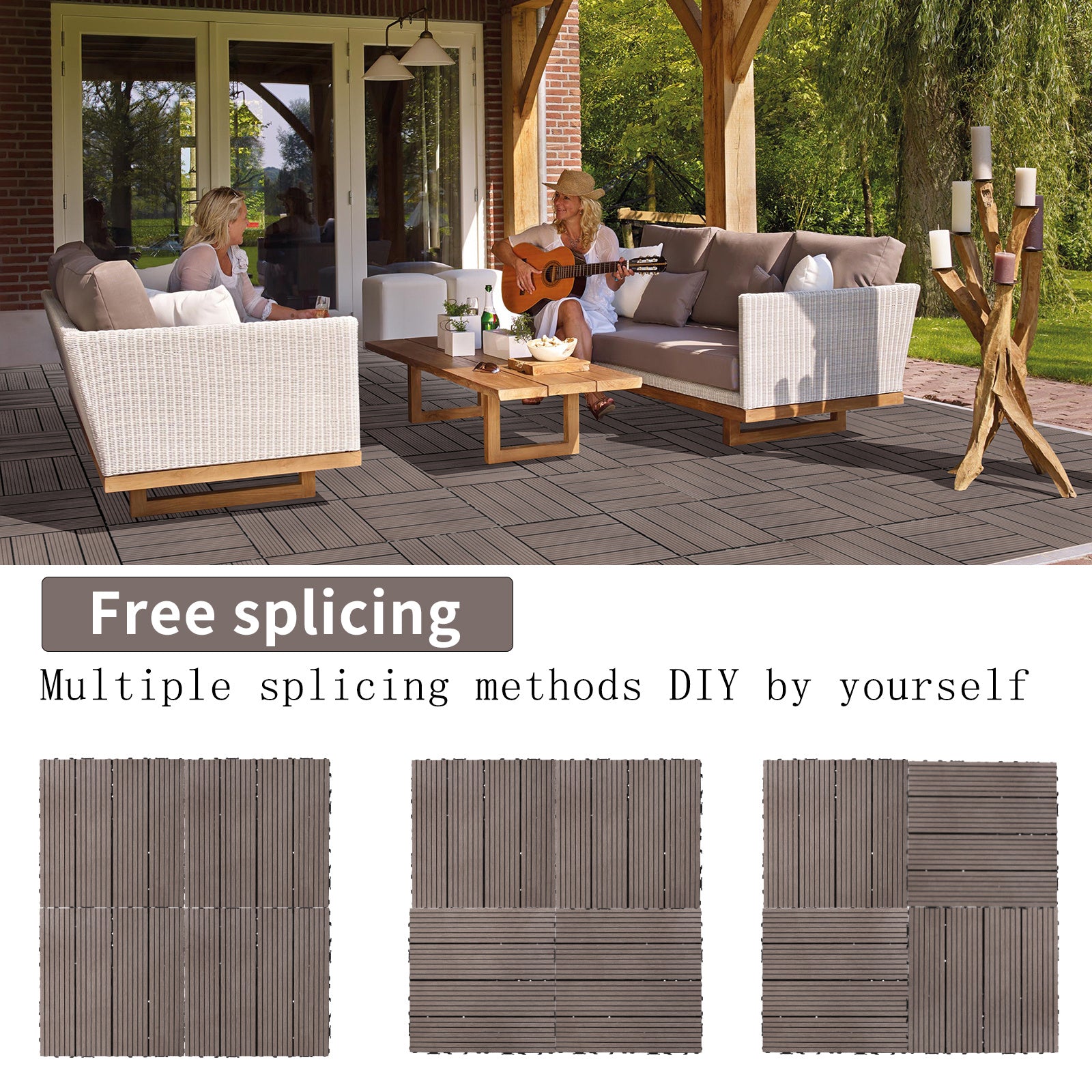 Coocosh Outdoor Decking Tiles made of durable PE Netting in earthy brown color, showcasing a lifestyle perspective with two women enjoying a cozy outdoor space, highlighting versatile DIY splicing methods, with dimensions suited for patio or garden use.