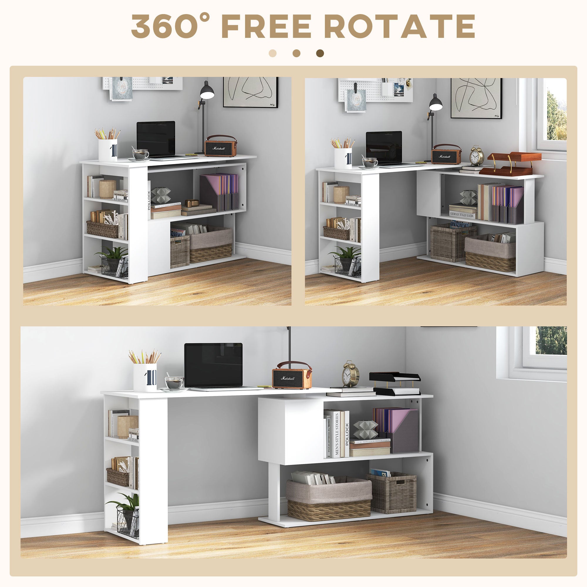 360° Rotating L-Shaped Corner Computer Desk with Storage Shelves, White