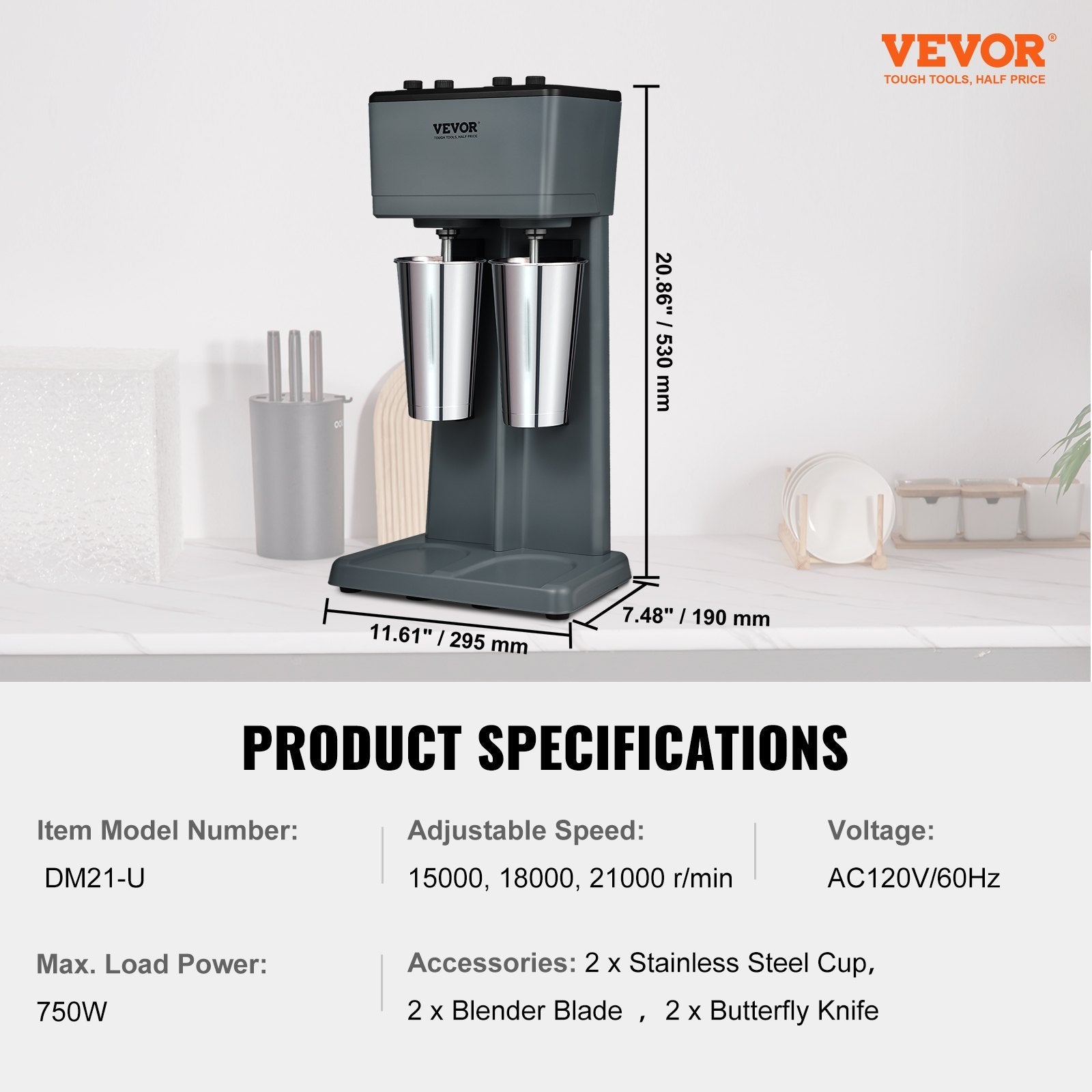 VEVOR Milkshake Maker, 375W ×2 Double-Head 3-Speed Mixer with 2×820ml Stainless Cups