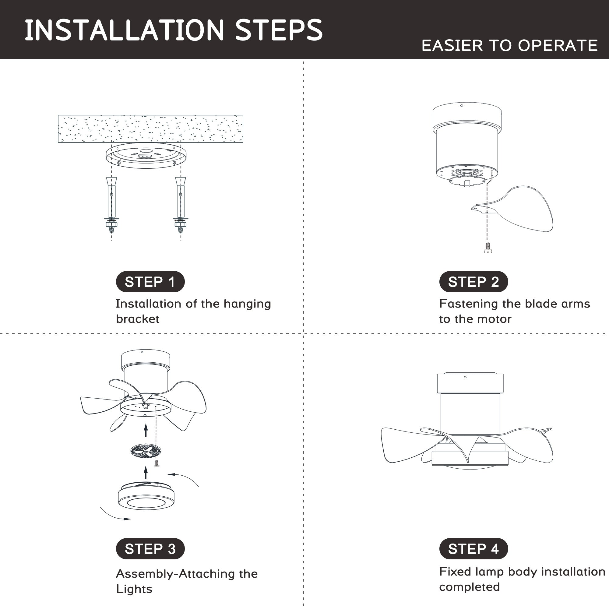 21'' Low Noise Matte Black ABS Blade Remote Ceiling Fan With LED Light