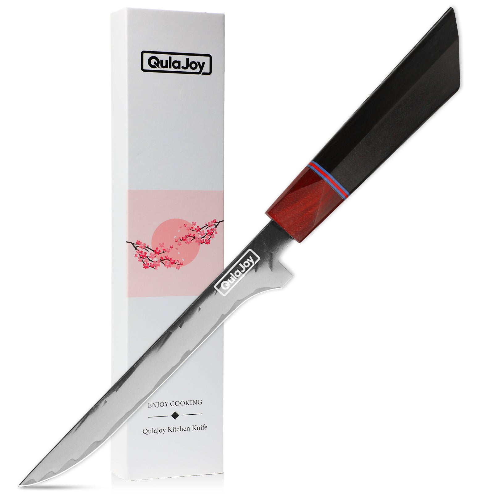 QulaJoy Kitchen Knife featuring a sharp stainless steel blade with a serrated edge, elegantly designed wooden grip in rich red, displayed alongside its decorative packaging. Perfect for precise cutting and culinary presentations.