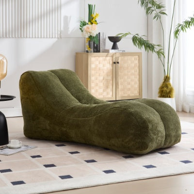 Coocosh Lounge Chair with Soft Plush Fabric in Deep Olive Green, featuring Ergonomic Contouring and Cozy Design, Dimensions: 70x35x30 cm, Captured in a Stylish Living Room Setting.