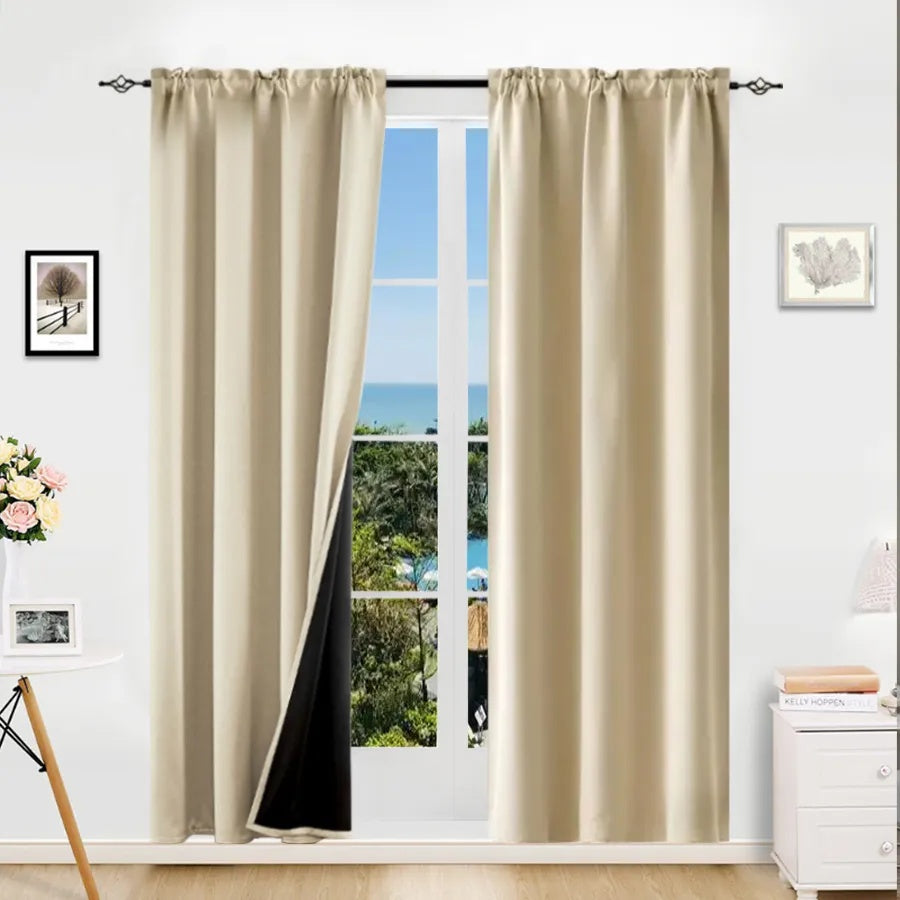 Coocosh Window Curtains featuring elegant blackout design in beige, enhancing privacy and light control, each panel measuring 54 x 84 inches, displayed in a stylish living room setting.