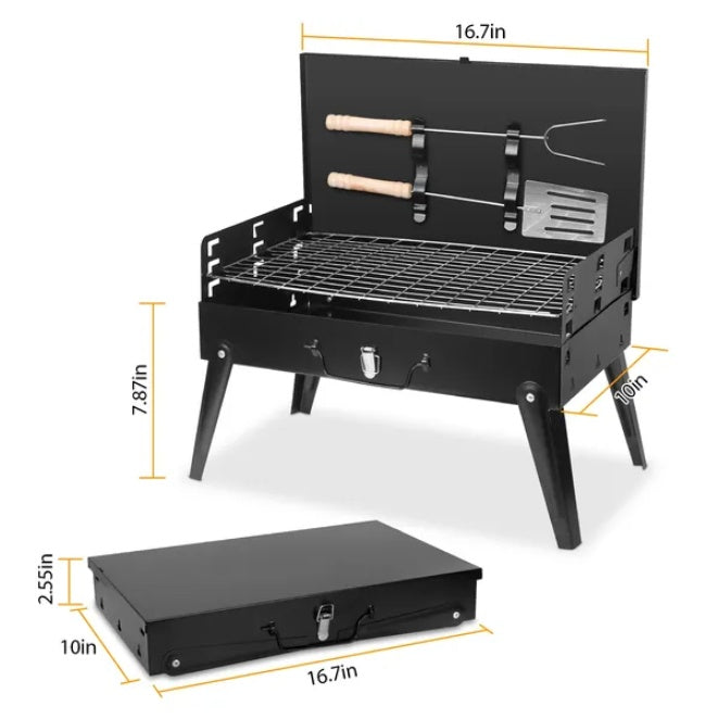 Coocosh portable black charcoal grill, 16.7in x 7.87in x 10in, folded for compact storage, featuring a grill grate and included BBQ tools for outdoor cooking adventures.