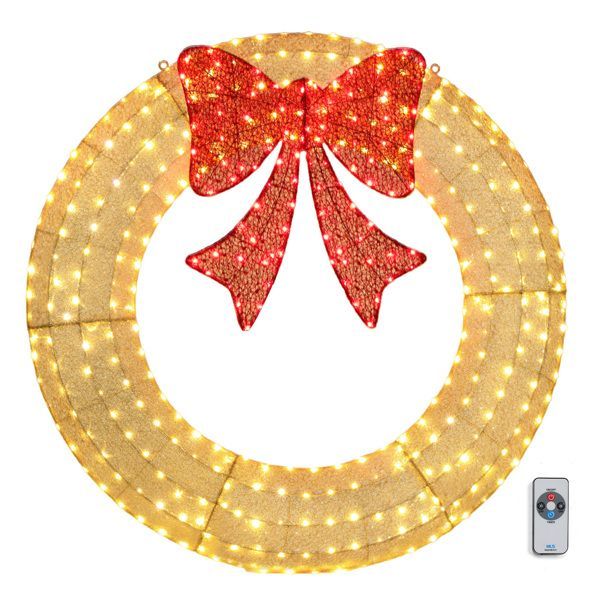 60in Pre-Lit Outdoor Christmas Wreath Decoration — 400 LED, Gold with Red Bow
