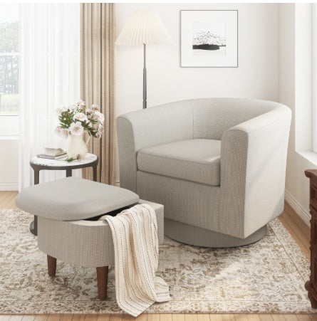 COLAMY Swivel Barrel Accent Chair With Ottoman, Modern Single Sofa, Upholstered Armchair With Storage Space For Home, Beige