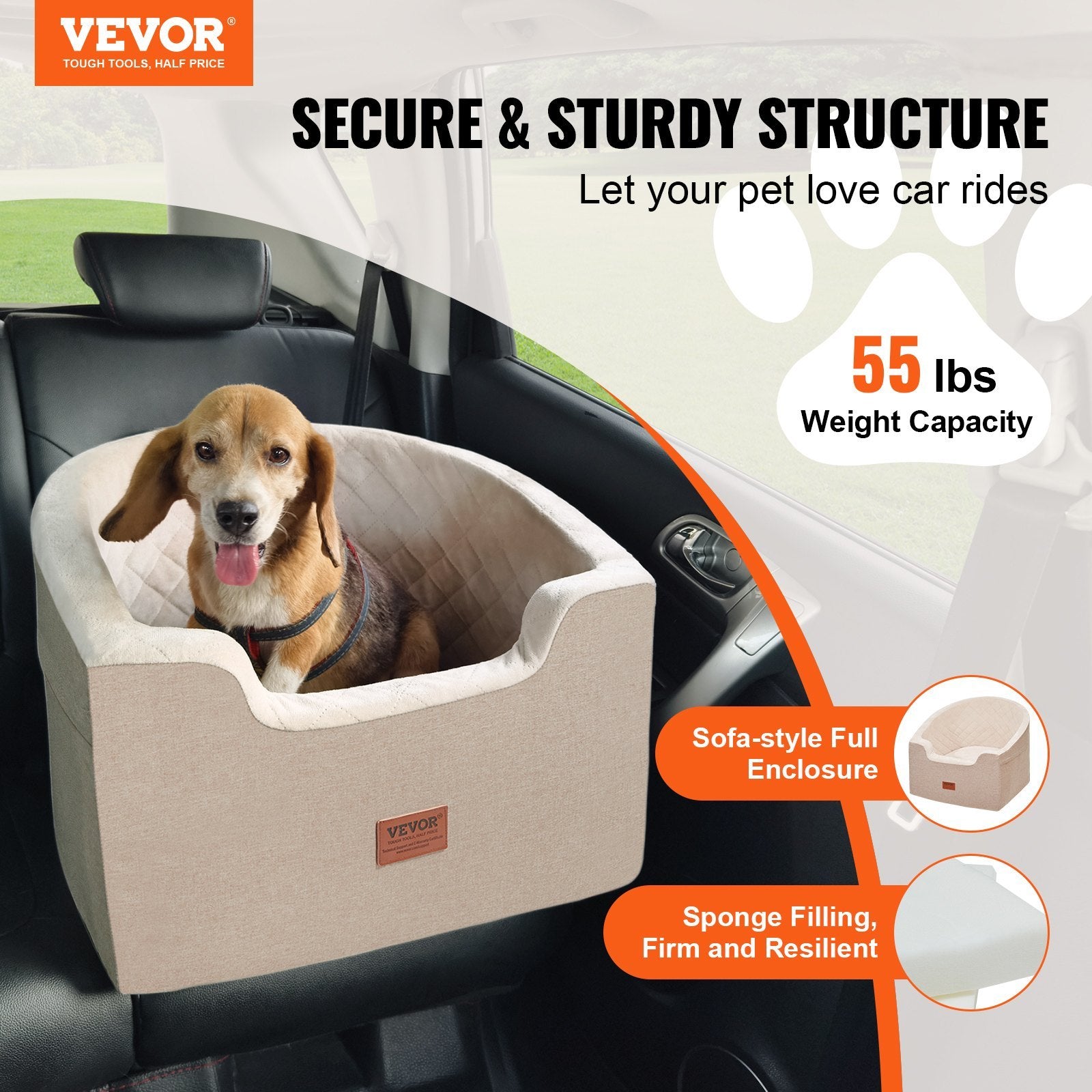 Dog Booster Car Seat – 55 lb Capacity, Sofa-Style Bucket Seat w/ Waterproof Cushion (Brown)