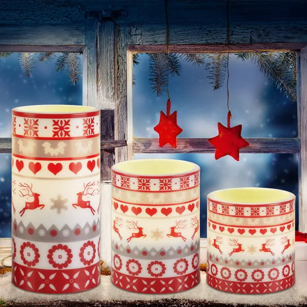 Christmas Flameless LED Candles — Deer Pattern, Remote & Timer (3 pcs)