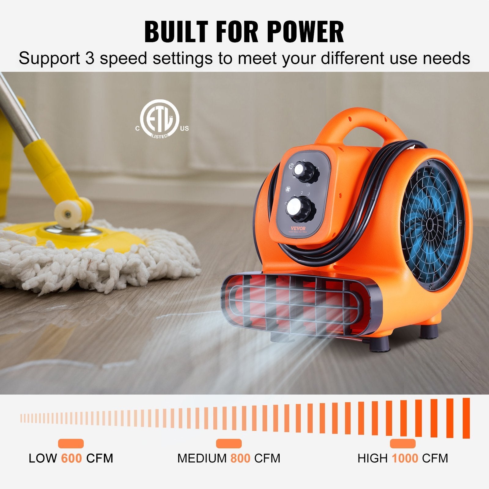 VEVOR Floor Blower - 1000 CFM Air Mover (Portable Carpet Dryer Fan) - ETL Listed