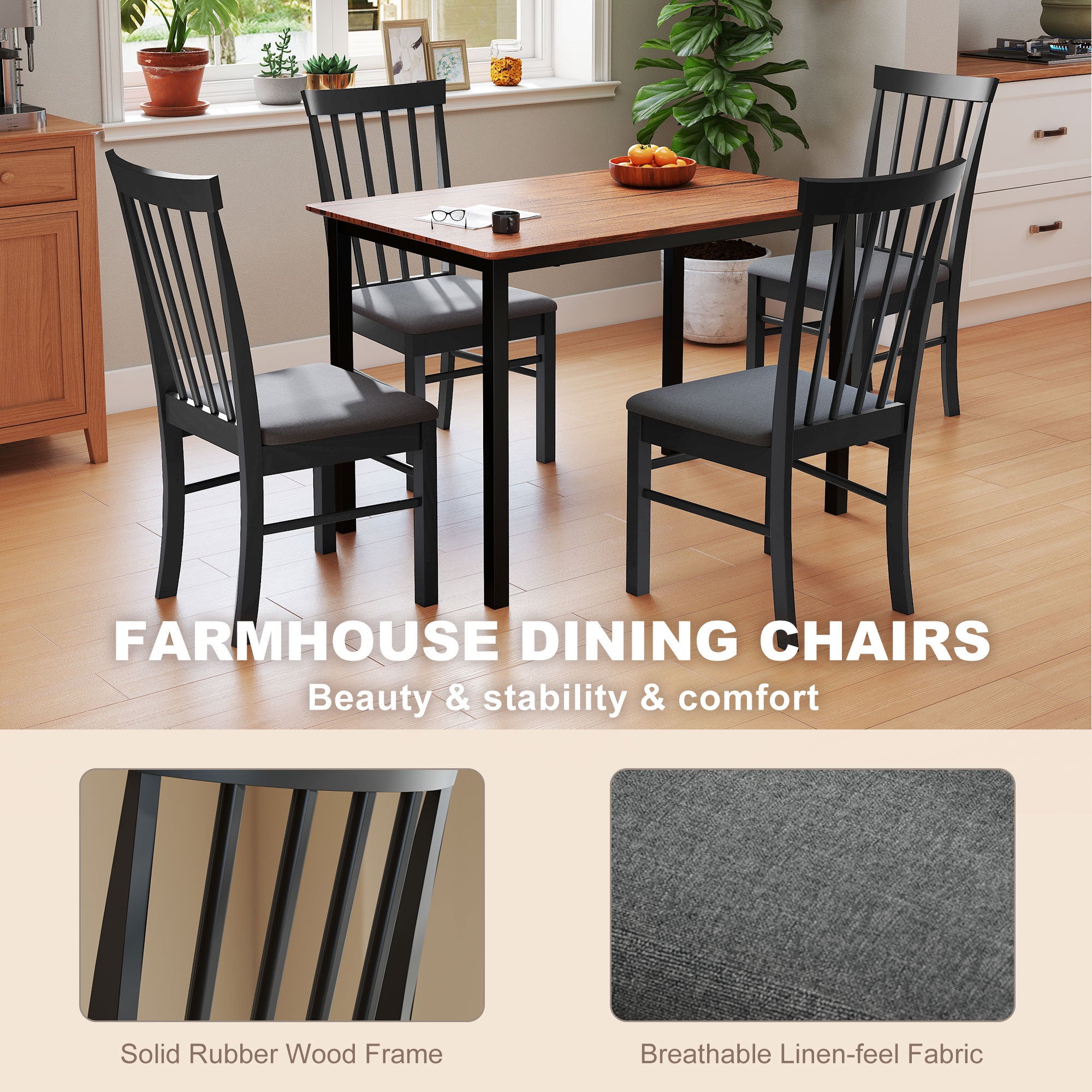 Wooden Dining Chairs Set Of 4 — Farmhouse Upholstered Kitchen Chairs (Black & Gray)