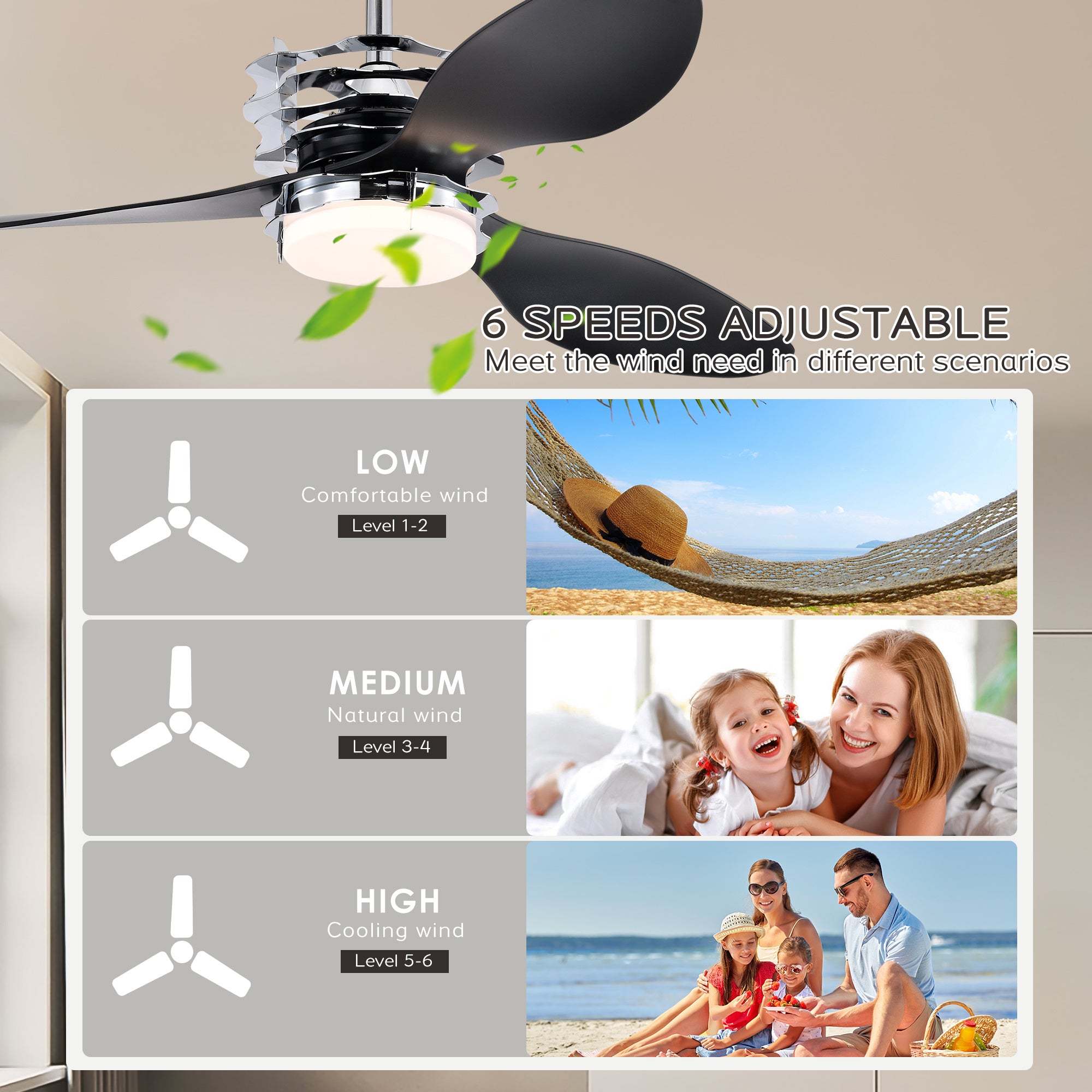 ABS Blades Ceiling Fan With Lights And Remote 6 Speeds Adjustable, DC Motor Modern 52" Ceiling Fan with 3 ABS Blades & 2 Down Rods