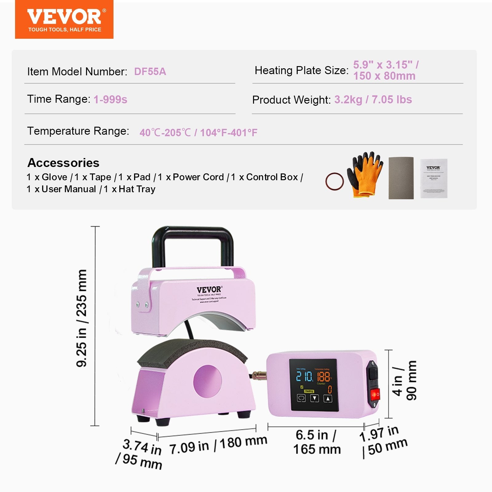 VEVOR Mini Hat Heat Press for Caps — 5.9" x 3.15" Plate (Purple)