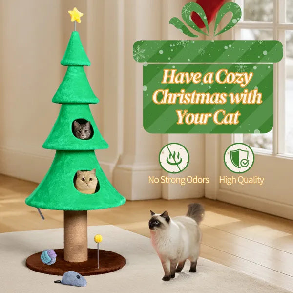 59in Large Tall Christmas Tree Cat Tower With 2 Cat Condos & Scratching Post, Soft Fleece, Teaser Toy, Sturdy Base - Green