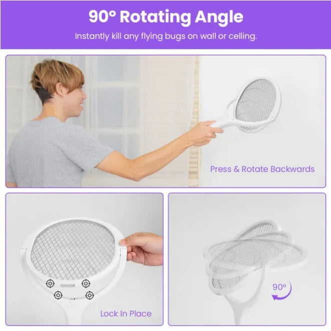 Coocosh Bug Zapper Racket with 90° Rotating Angle, features durable PE netting, white design, ideal for instant bug elimination on walls or ceilings, shown from a lifestyle perspective with user demonstrating usage.