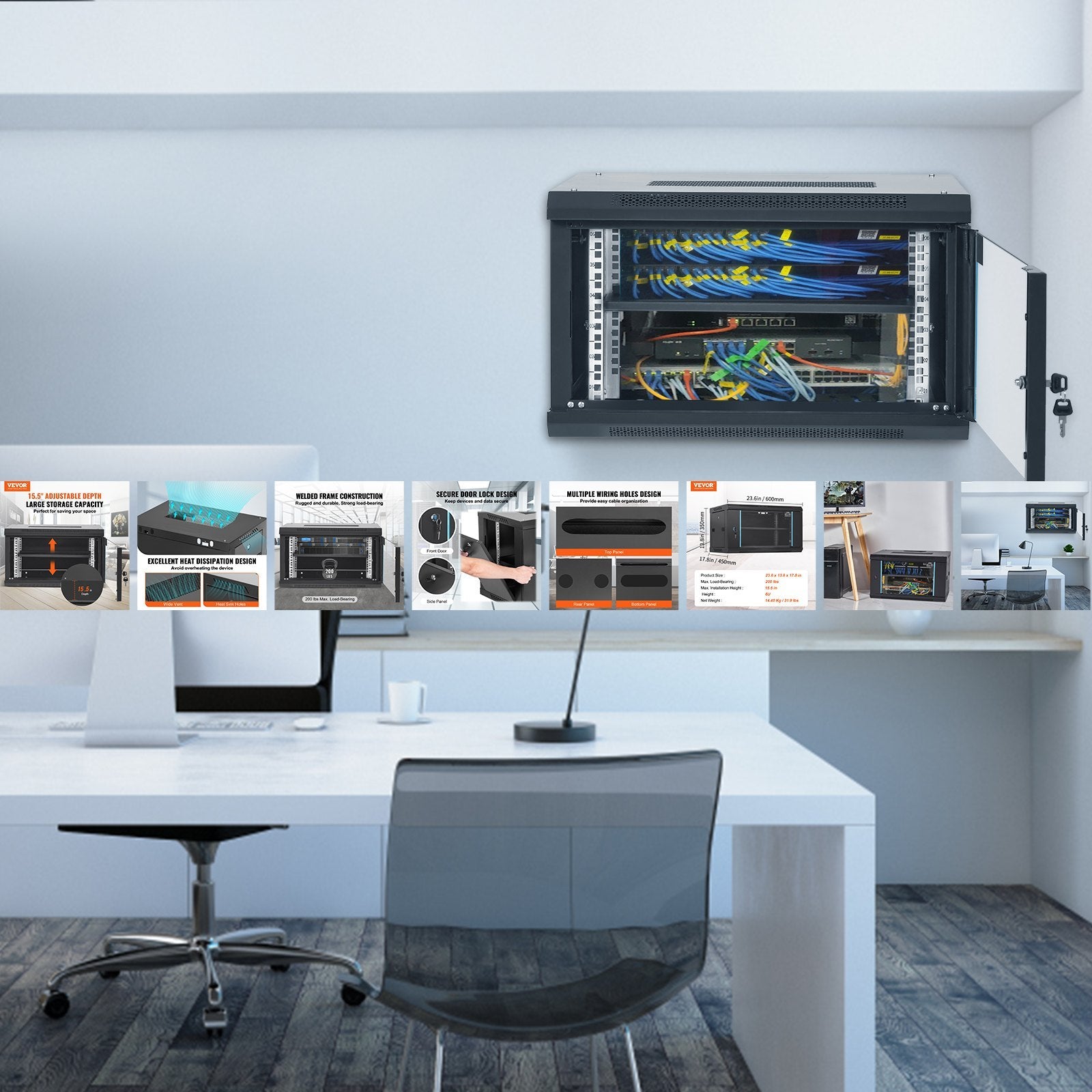 VEVOR 6U Wall Mount Network Server Cabinet, 15.5" Deep, 200 lb Capacity