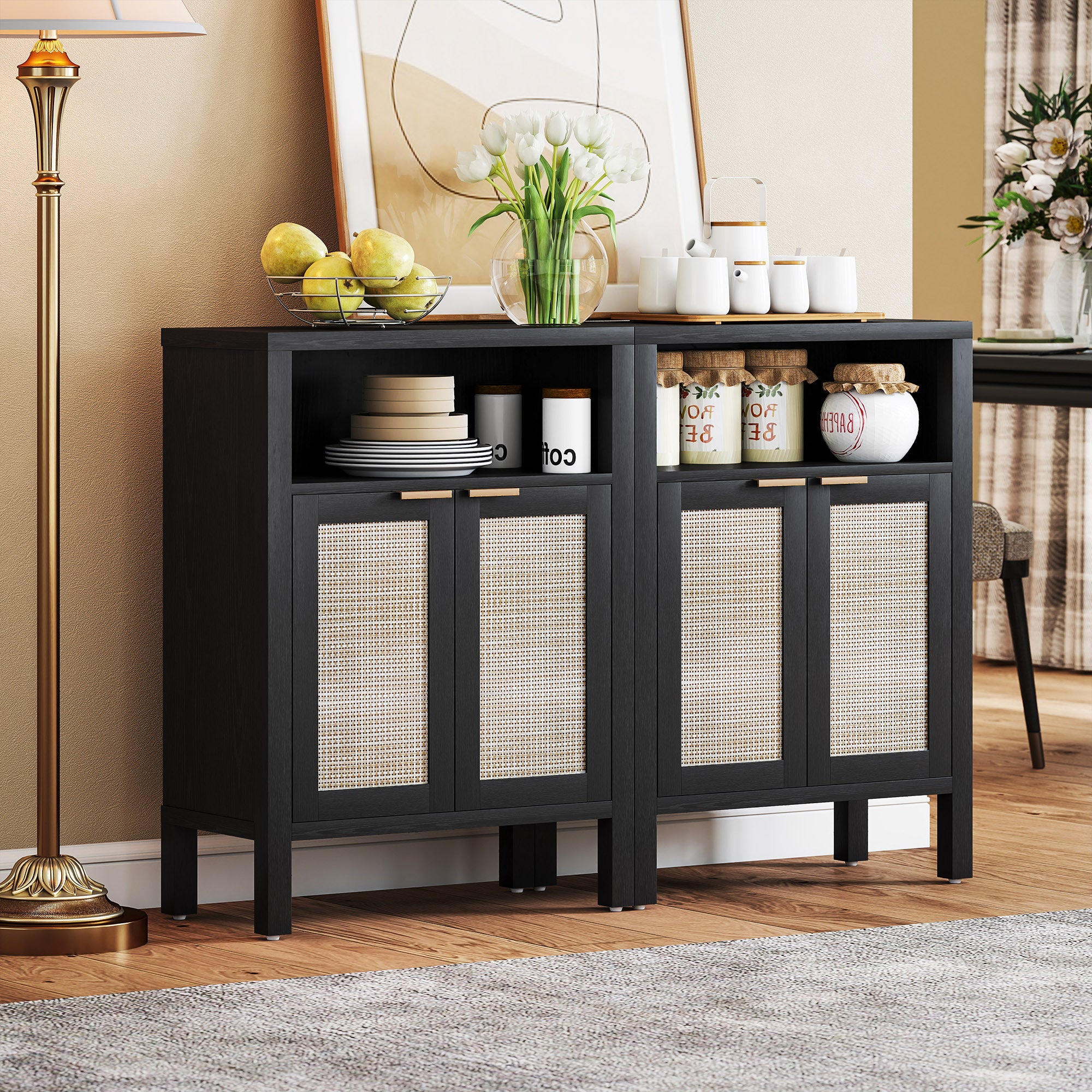 Sideboard Buffet Cabinet With Storage, Modern Accent Cabinet With Adjustable Shelf, Distressed Black