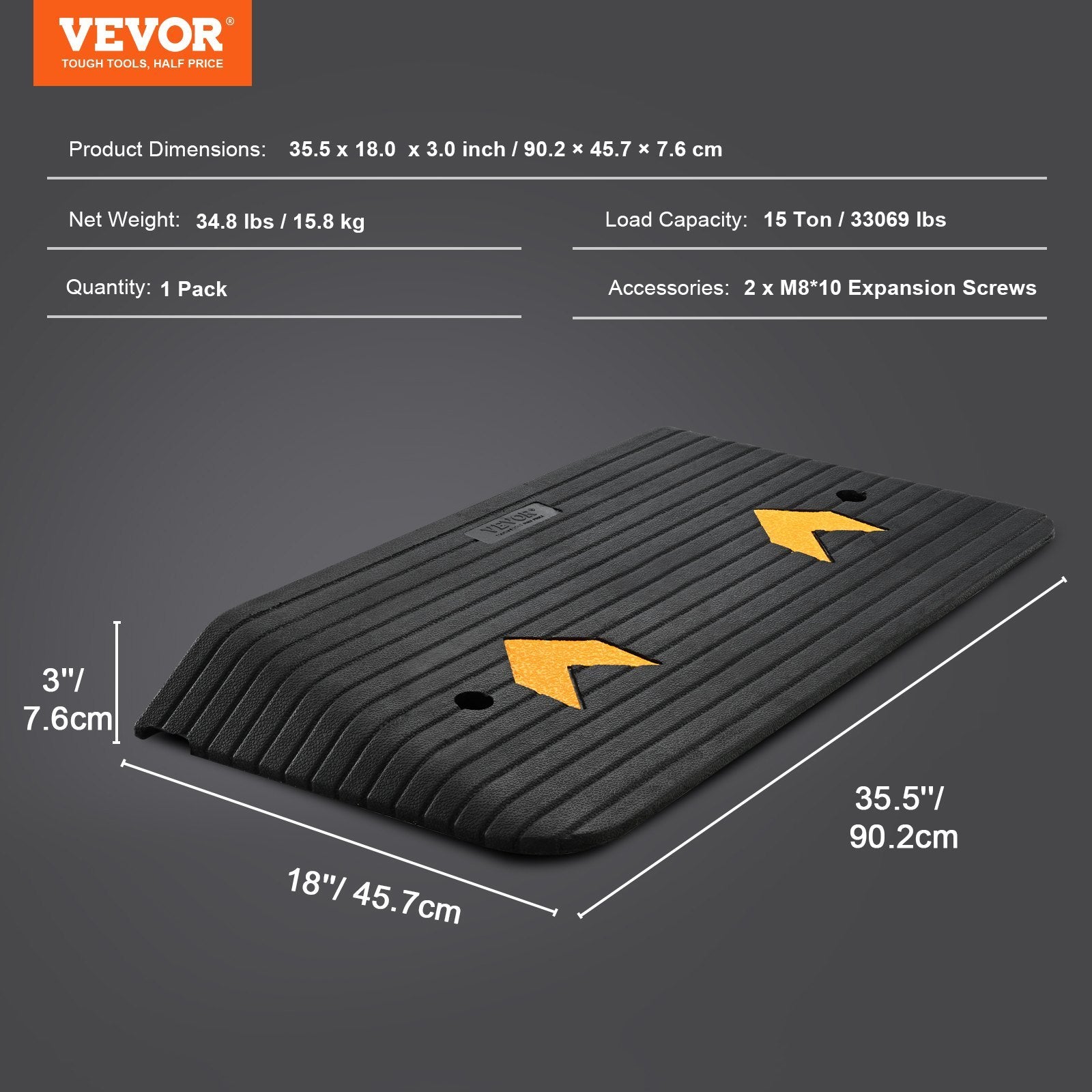 VEVOR Upgraded Rubber Threshold Ramp — 15 Ton Load, 1-Channel Non-Slip Door & Curb Ramp for Wheelchair & Scooter