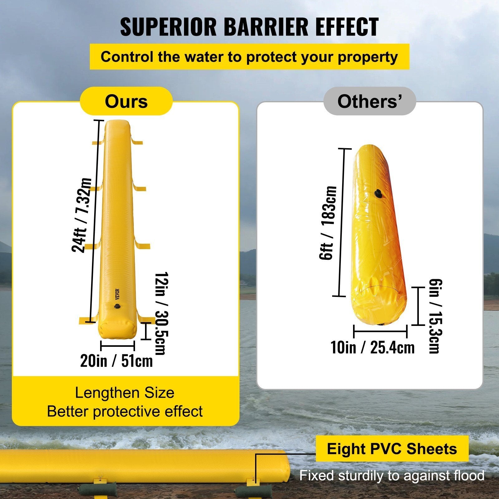 VEVOR Flood Bag, 24 ft x 20 in x 12 in — Reusable PVC Water Diversion Tube (Yellow)