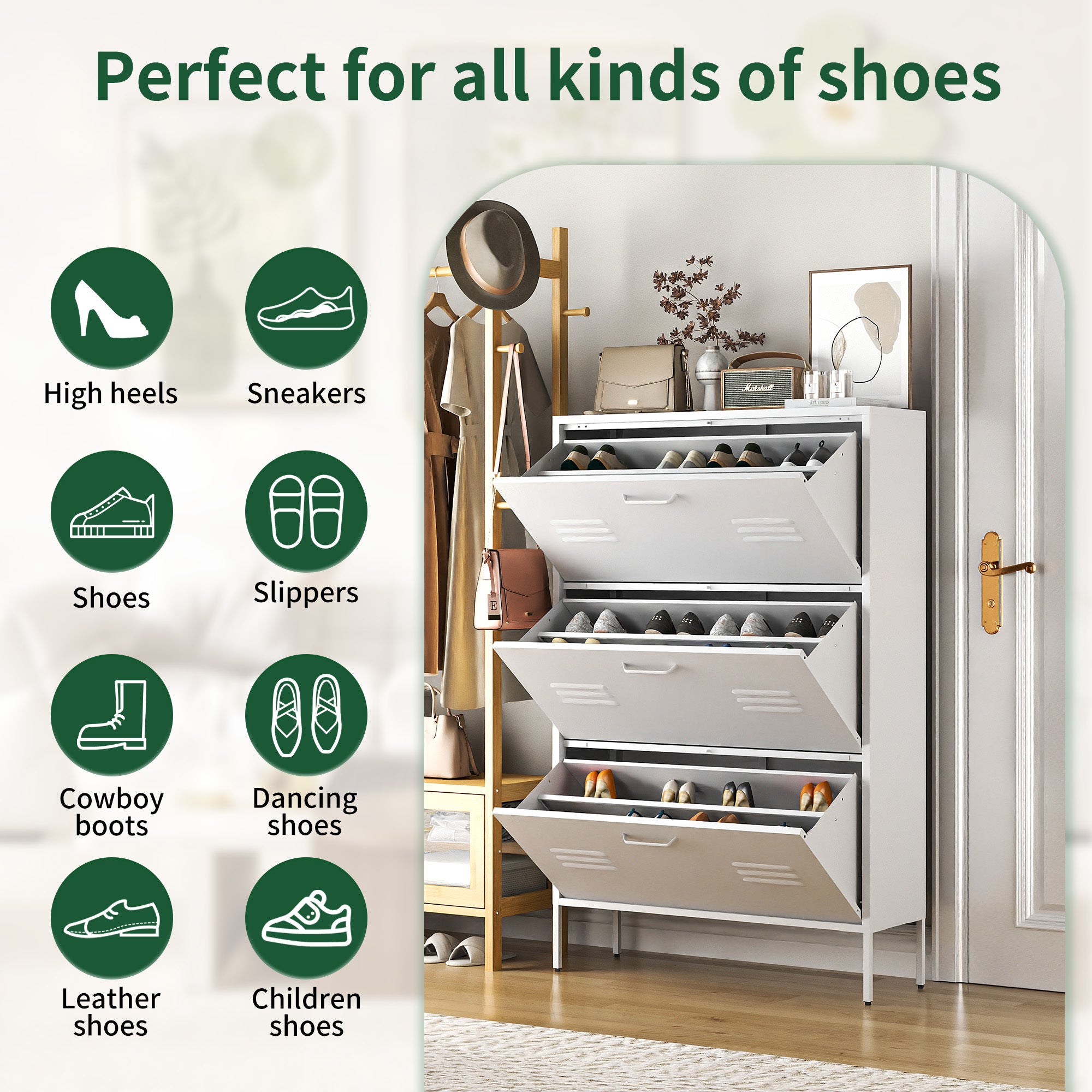 Coocosh Modern Shoe Storage Unit with three flip drawers, crafted from durable metal, showcasing a clean white design for your foyer.