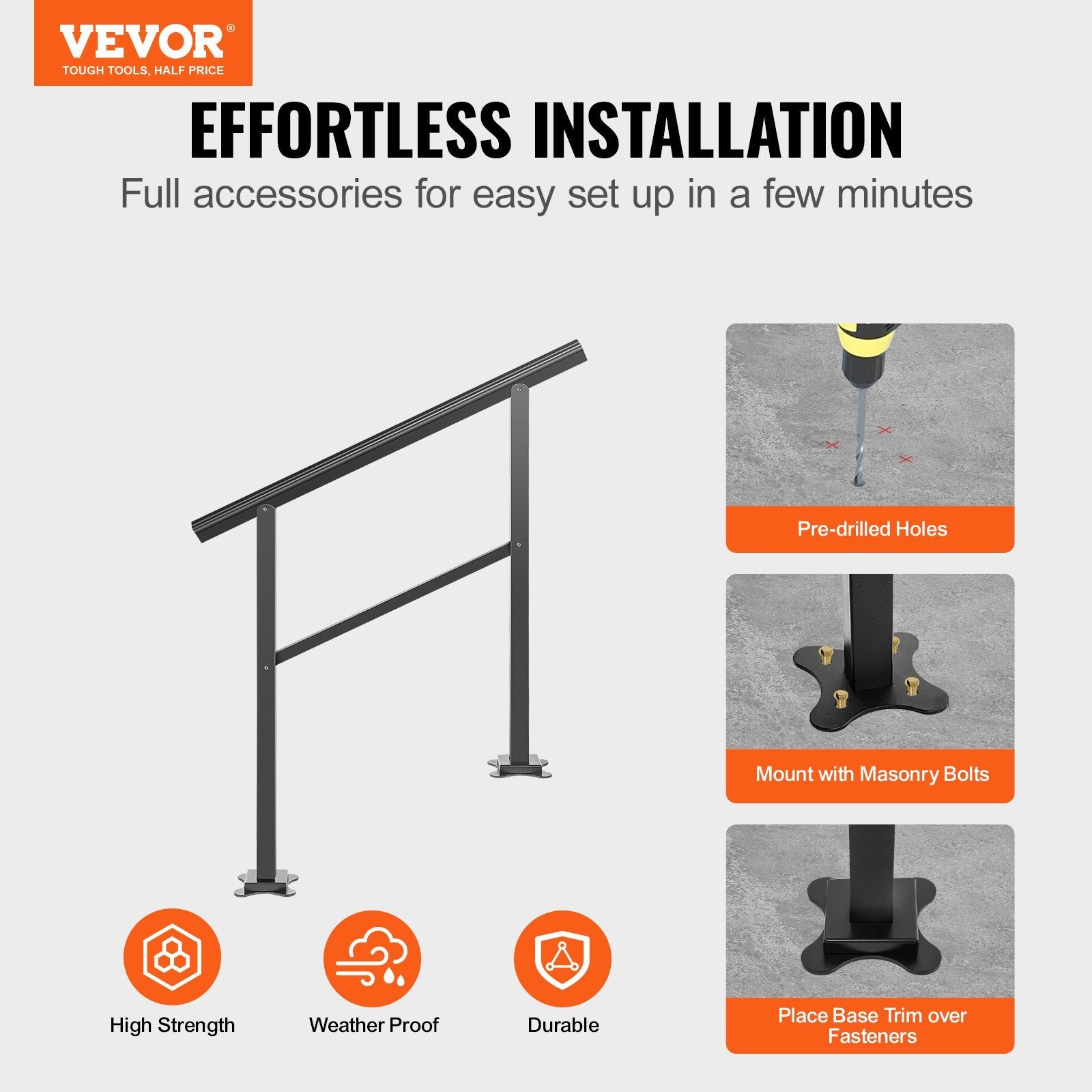 VEVOR Outdoor Adjustable Stair Handrail – Fits 2–3 Steps, 165 lb