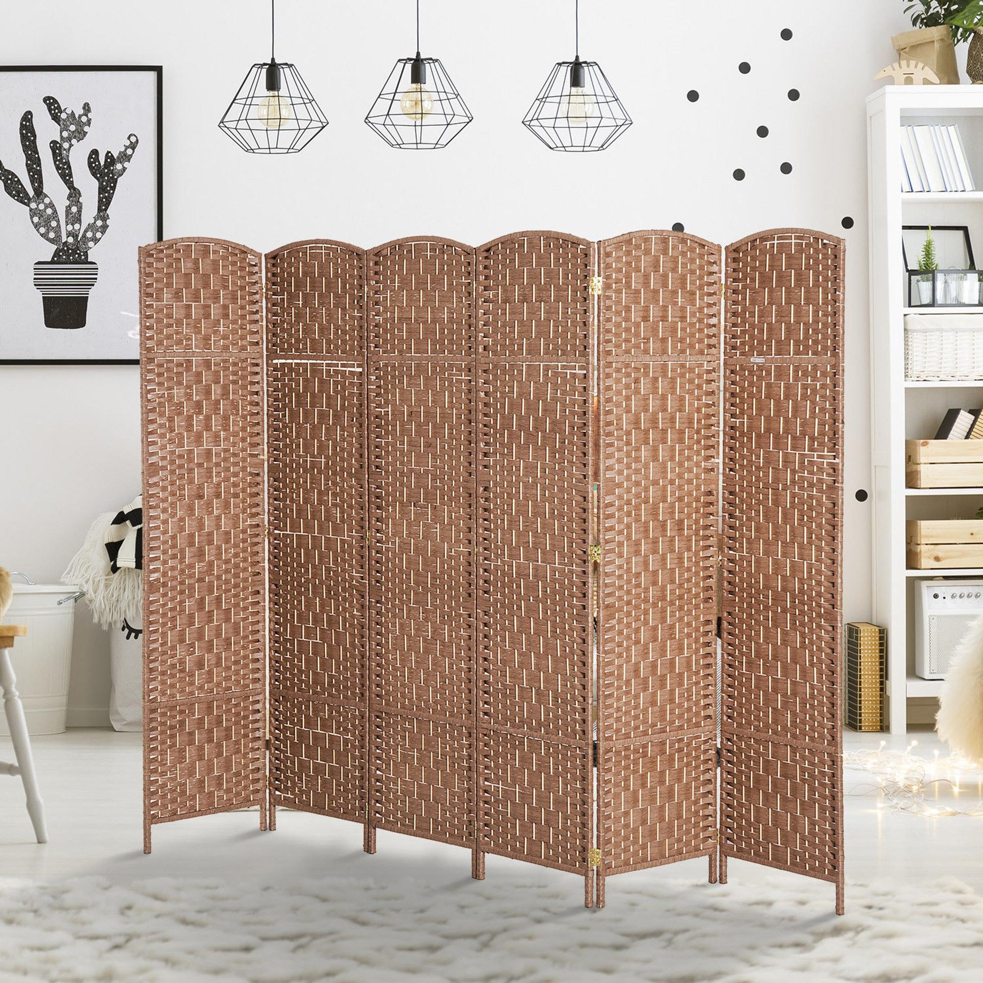 6 Panel Wicker Room Divider 6' Tall Privacy Screen - Natural Brown