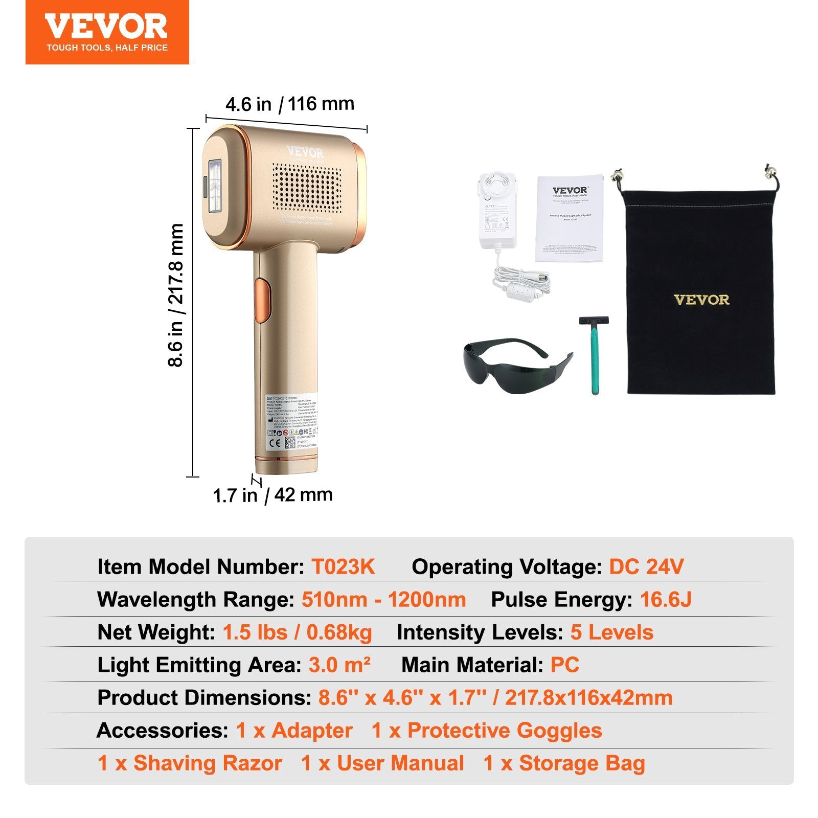 VEVOR IPL Hair Removal, Sapphire Ice Cooling — Painless At-Home Permanent Hair Removal