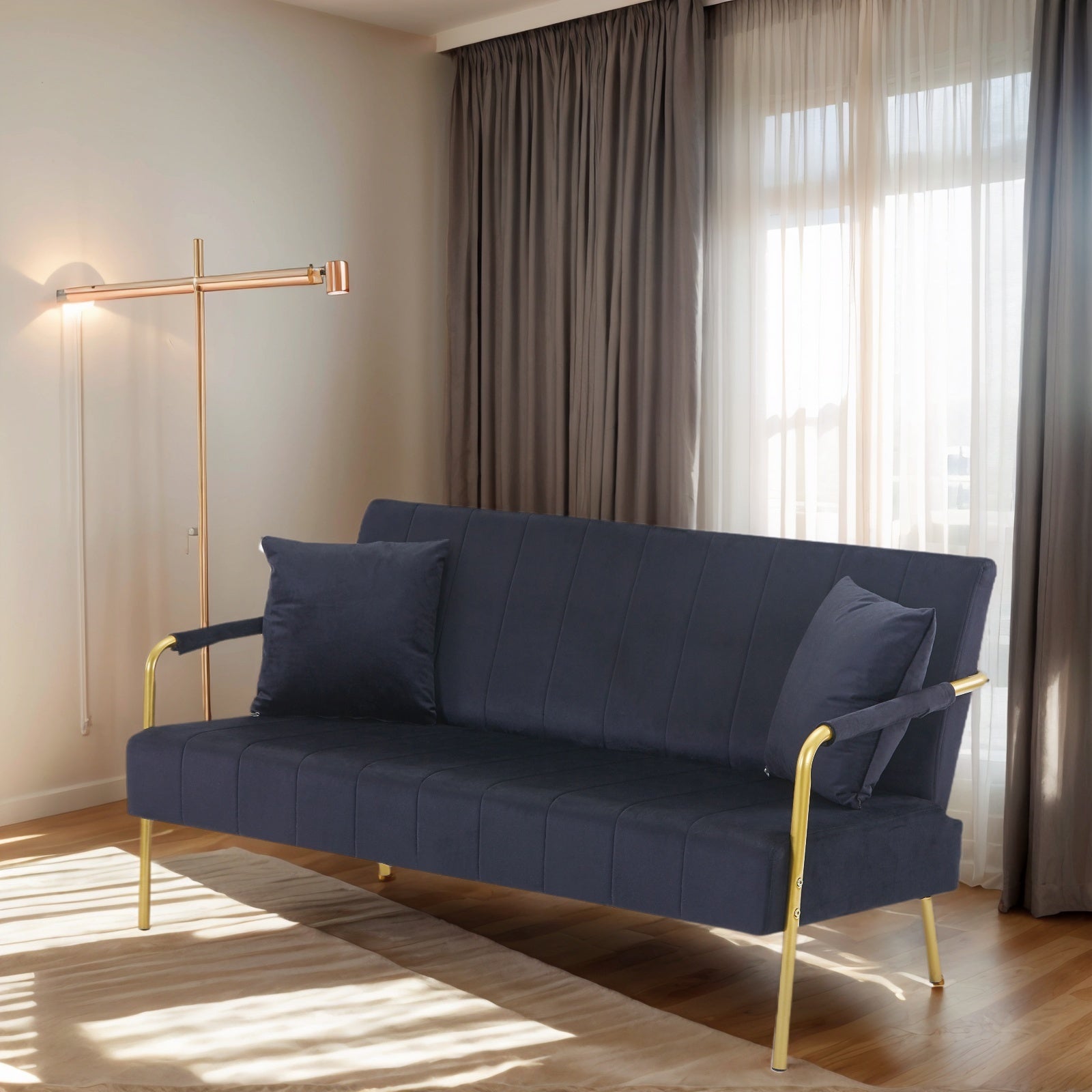 Coocosh Modern Sofa with plush upholstery and gold metal legs, featuring navy blue fabric cushions. Dimensions provide ample seating for two. A stylish main view of the sofa in a well-lit contemporary living space.
